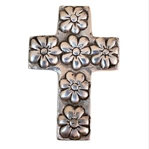 Vintage 5" Silver Floral Cross Hecho En Mexico